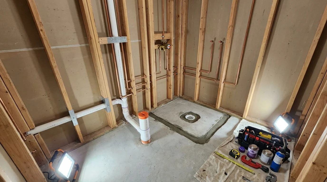 Bathroom rough-in plumbing during remodel by Johns Plumbing LLC in Villa Park