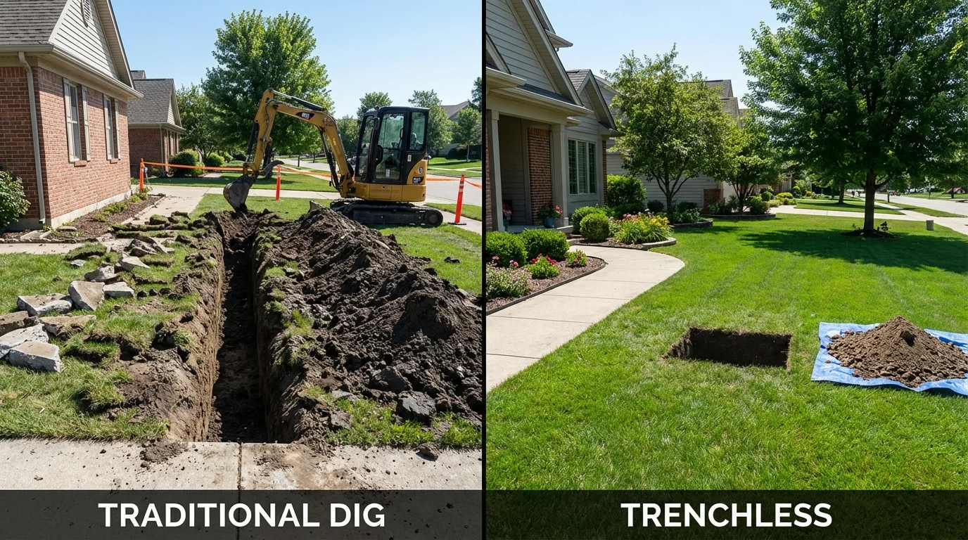 Trenchless sewer repair with minimal yard damage versus traditional excavation in Villa Park, IL