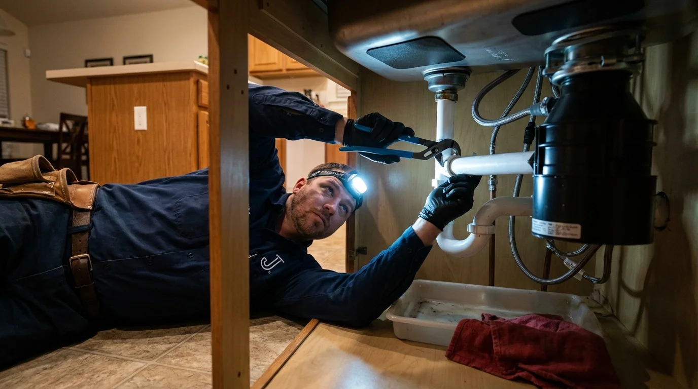 P-trap and supply line connections under a kitchen sink showing a common leak point in Villa Park, IL